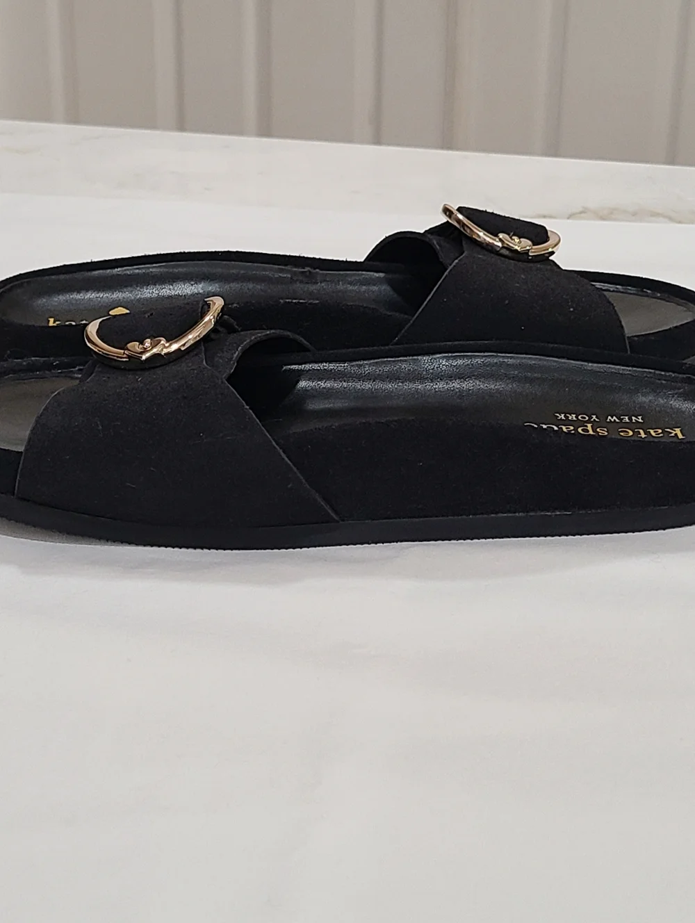 kate spade New York Della Slide Sandals Black Gold Buckle Size 7